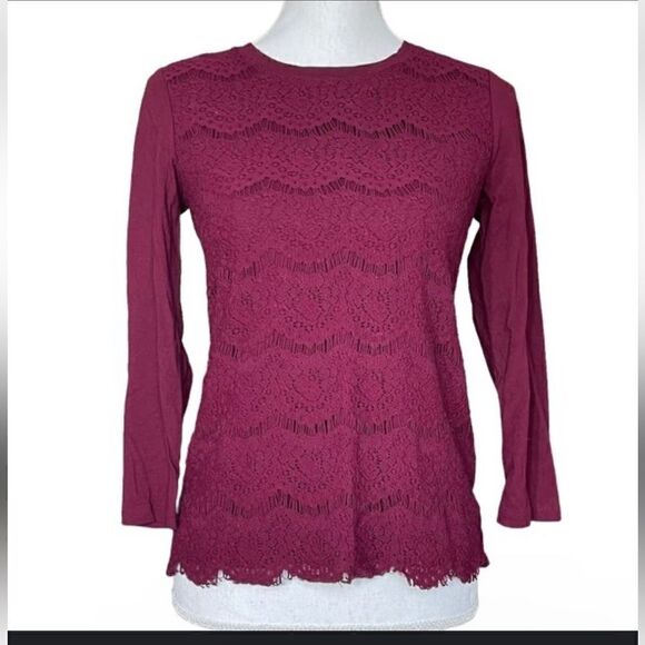 J. Crew Burgundy Crew Neck Pullover Lightweight Lace Top (Size: Small) - Picture 2 of 15